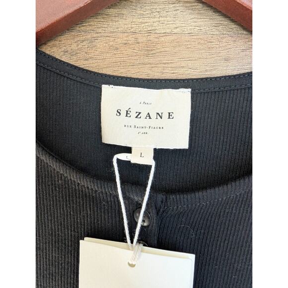 A Paris Sézane Rue Saint-Fiacre Shirt Womens L Black Ribbed Henley Neck Tee NWT - Picture 3 of 4
